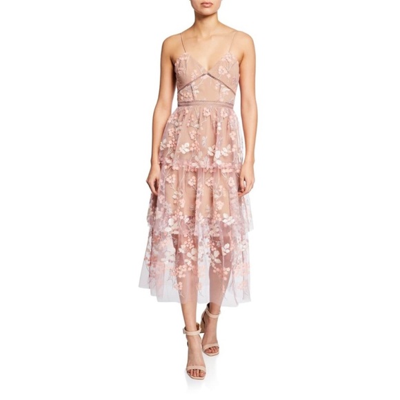 NWOT Self-Portrait Blush Floral Midi Embroidered Dress Size 10 - Picture 9 of 16